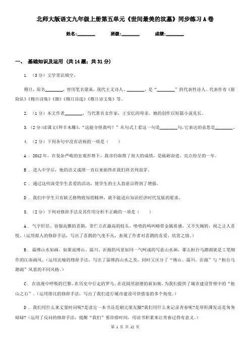 北师大版语文九年级上册第五单元《世间最美的坟墓》同步练习A卷