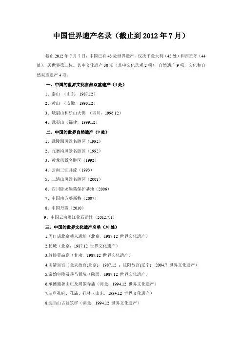 中国世界遗产名录(截止到2012年底)