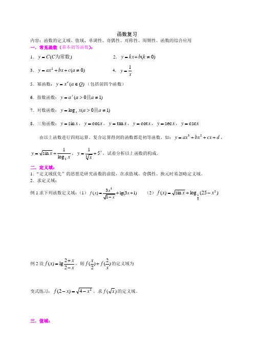 函数函数的定义域、值域、单调性、奇偶性、对称性、周期性、函数的综合应用复习