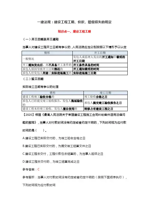 一建法规：建设工程工期、价款、赔偿损失的规定