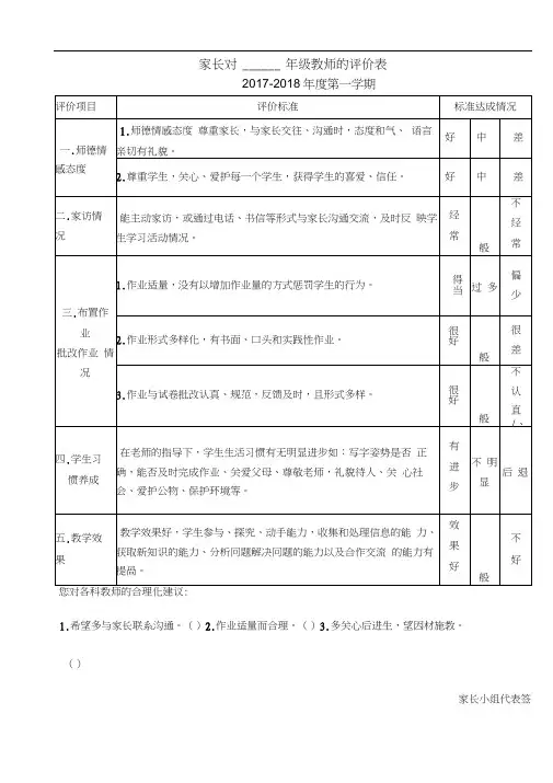 家长对教师的评价表
