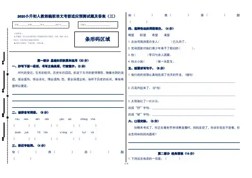 2020小升初人教部编版语文考前适应预测试题及答案(三)