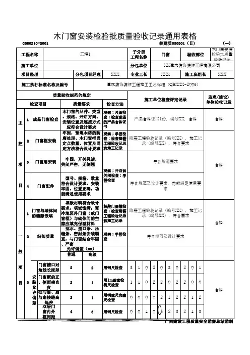 木门窗安装检验批质量验收记录通用表格