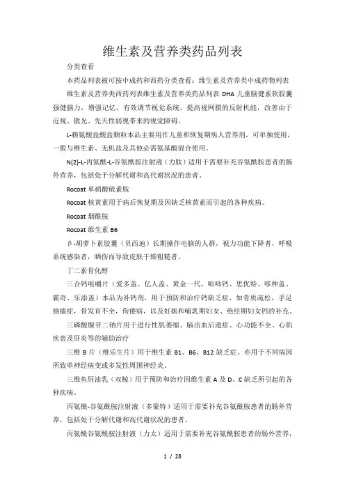 维生素及营养类中成药物列表参考模板