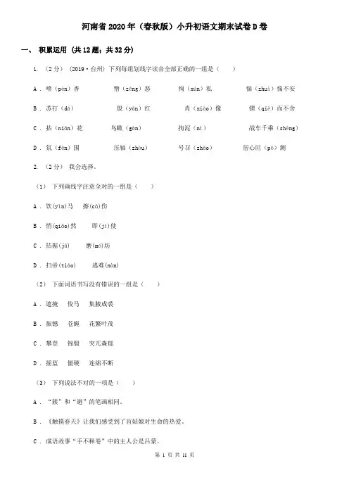 河南省2020年(春秋版)小升初语文期末试卷D卷精编