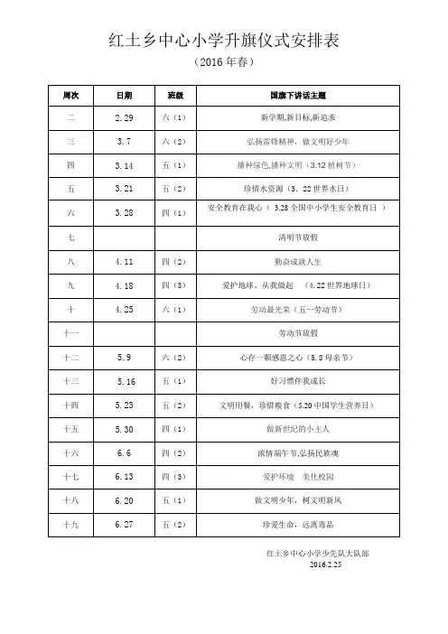 2016年春季升旗仪式安排表