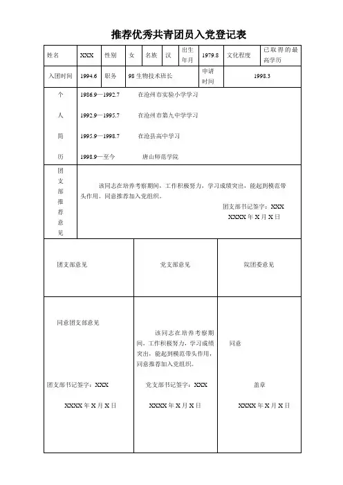 推荐优秀共青团员入党登记表