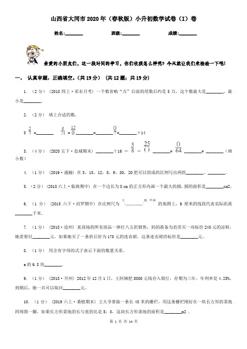 山西省大同市2020年(春秋版)小升初数学试卷(I)卷