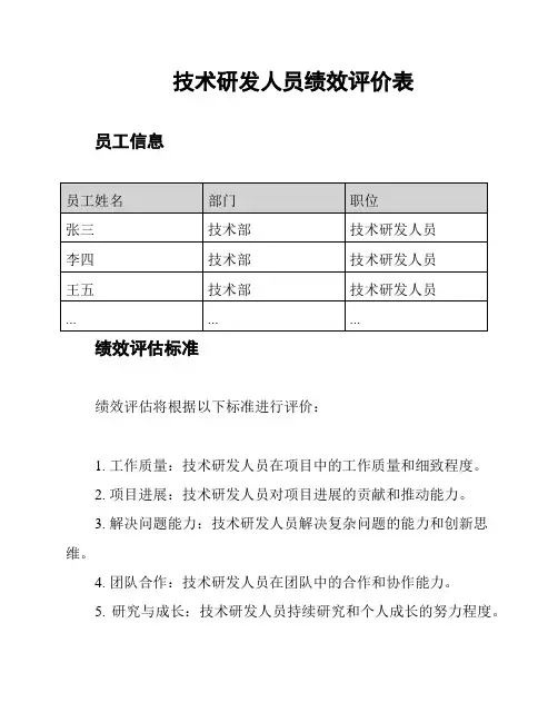 技术研发人员绩效评价表