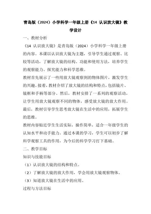 青岛版(2024)小学科学一年级上册《14 认识放大镜》教学设计