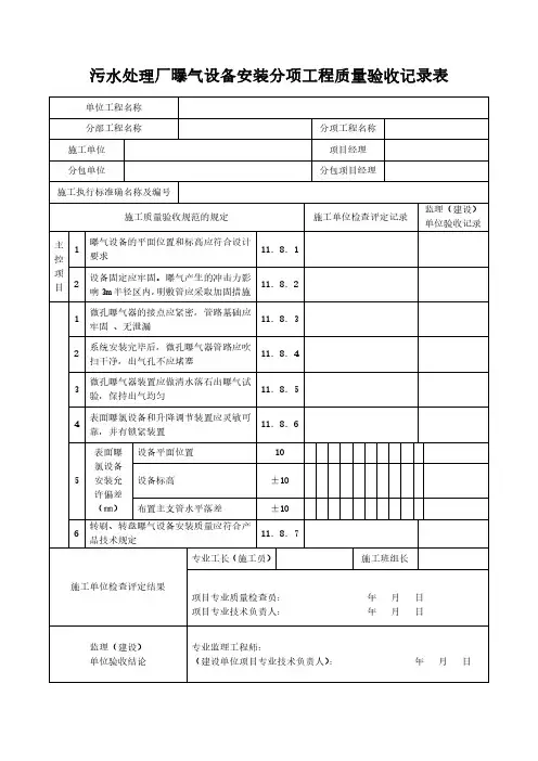 污水处理厂曝气设备安装分项工程质量验收记录表模板