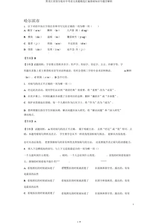 黑龙江省部分地市中考语文真题精选汇编基础知识专题含解析
