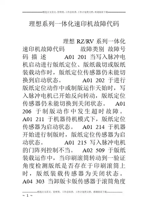 理想系列一体化速印机故障代码