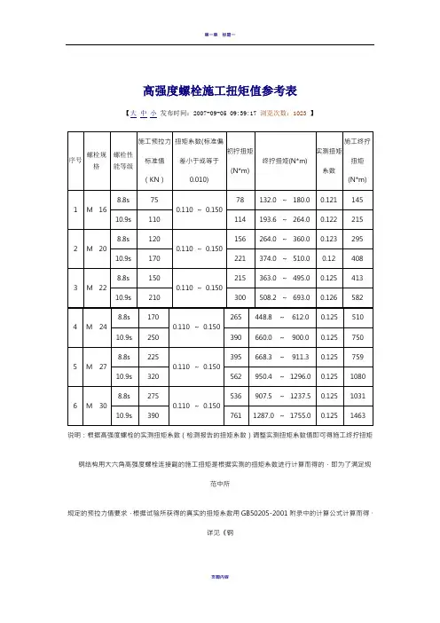 高强度螺栓施工扭矩值参考表
