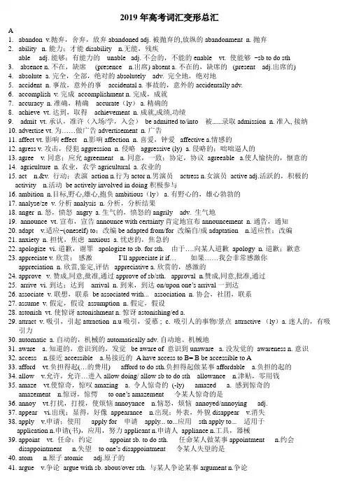 人教版高中英语常用单词变形