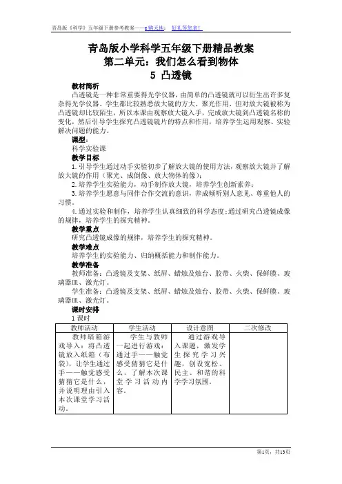 青岛版小学科学五年级下册(第二单元我们怎么看到物体)精品教案 