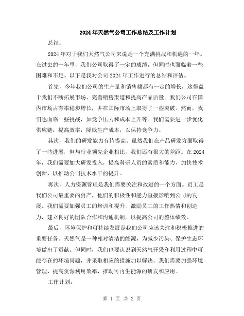 2024年天然气公司工作总结及工作计划