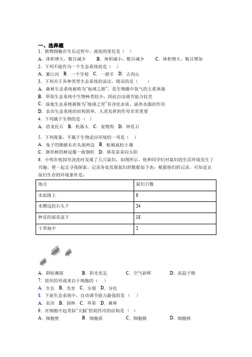 山东省临沂市2019年七上生物期末模拟试卷之二
