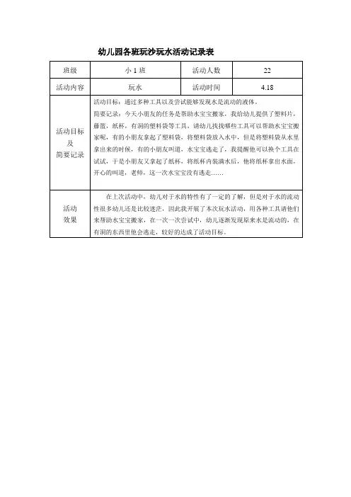 小班玩沙玩水记录表
