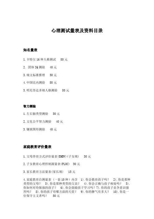 心理测试量表及资料目录