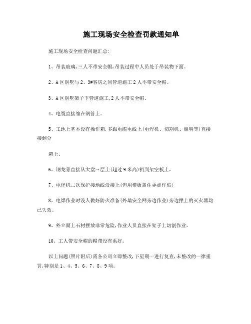 施工现场安全检查罚款通知单