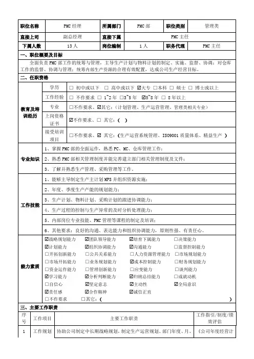 PMC部经理岗位说明书
