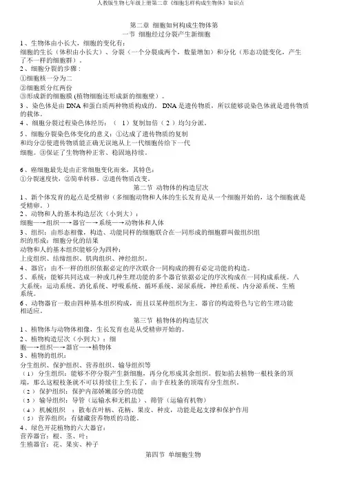人教版生物七年级上册第二章《细胞怎样构成生物体》知识点