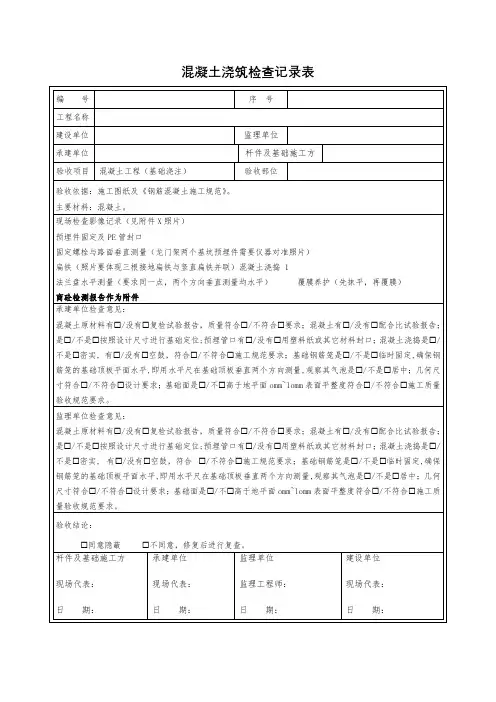 混凝土浇筑检查记录表(水泥浇筑检查记录表)