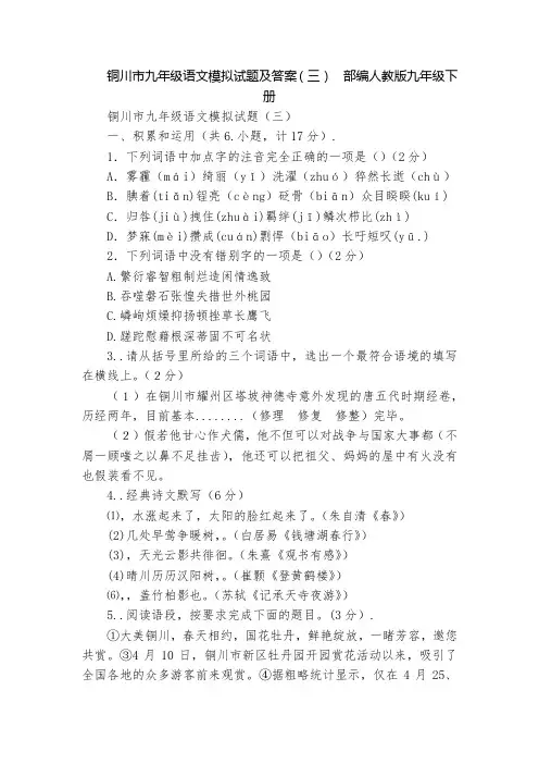铜川市九年级语文模拟试题及答案(三)  部编人教版九年级下册