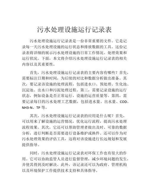 污水处理设施运行记录表