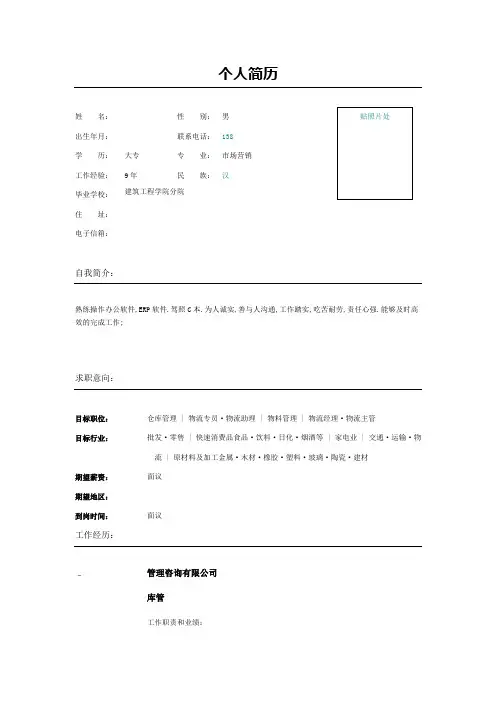 仓库管理员个人简历表
