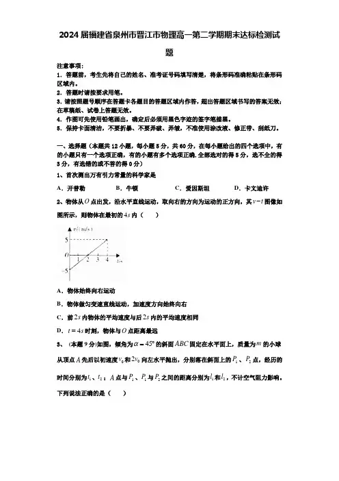 2024届福建省泉州市晋江市物理高一第二学期期末达标检测试题含解析