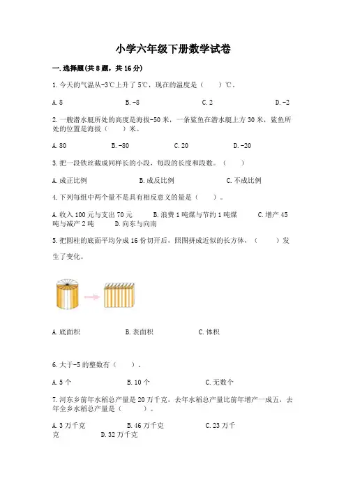小学六年级下册数学试卷及参考答案(能力提升)