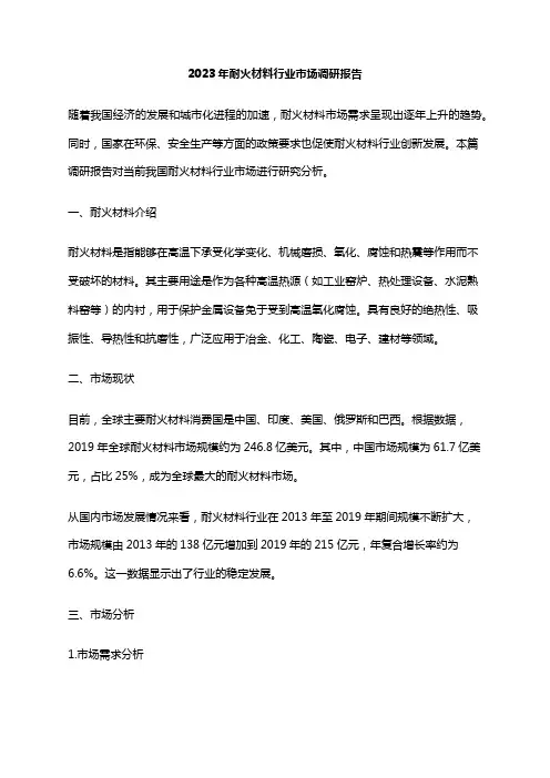 2023年耐火材料行业市场调研报告