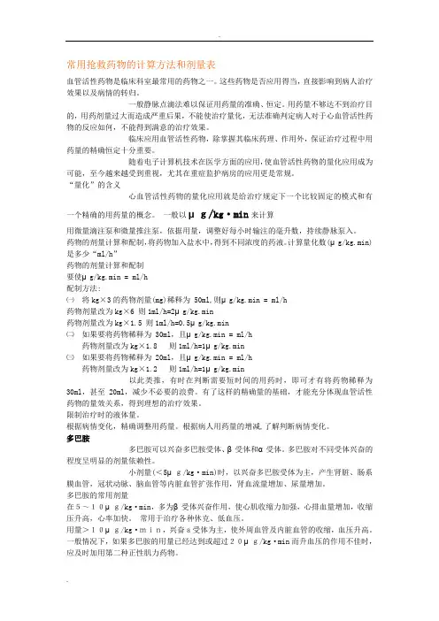 常用抢救药物的计算方法和剂量表