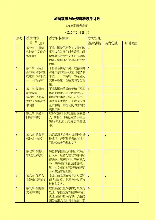 旅游政策与法规教学计划  (09高职酒店管理)