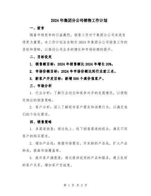 2024年集团分公司销售工作计划