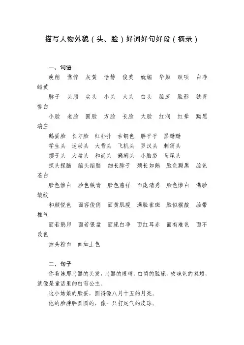 描写人物外貌（头、脸）好词好句好段（摘录）