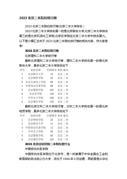 2023北京二本院校排行榜