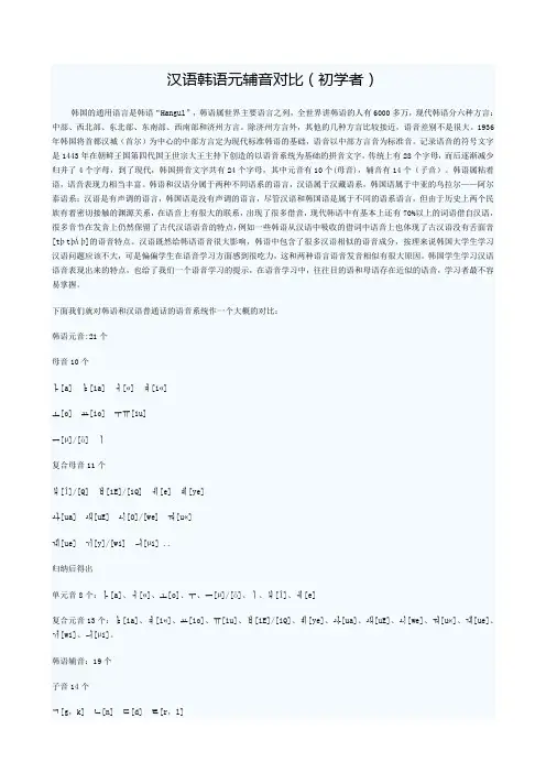 汉语韩语元辅音对比