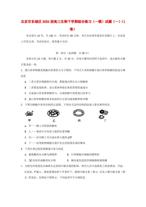 北京市东城区2020届高三生物下学期综合练习(一模)试题(一)(1卷)