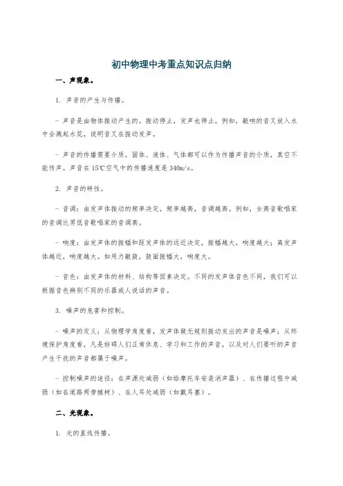 初中物理中考重点知识点归纳