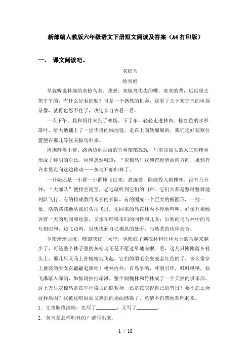 新部编人教版六年级语文下册短文阅读及答案(A4打印版)