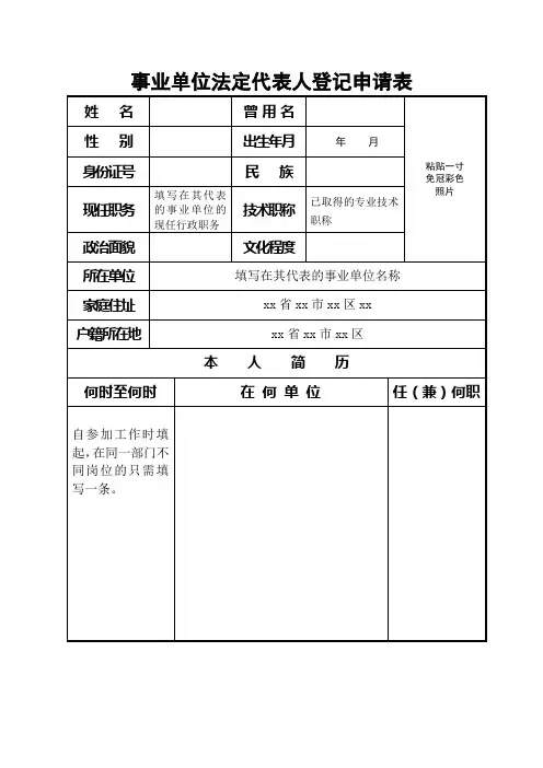 (完整版)事业单位法定代表人登记申请表