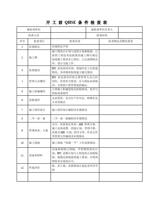 HSE开工条件检查表