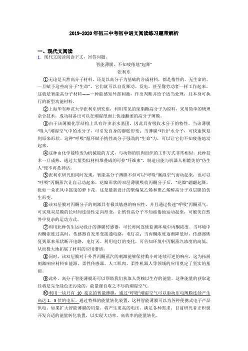 2019-2020年初三中考初中语文阅读练习题带解析