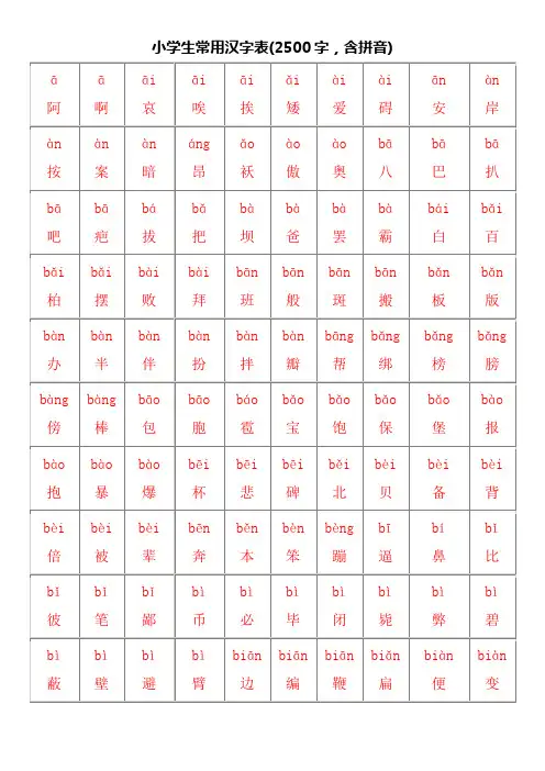 最好的小学生常用汉字表(2500字,含拼音)