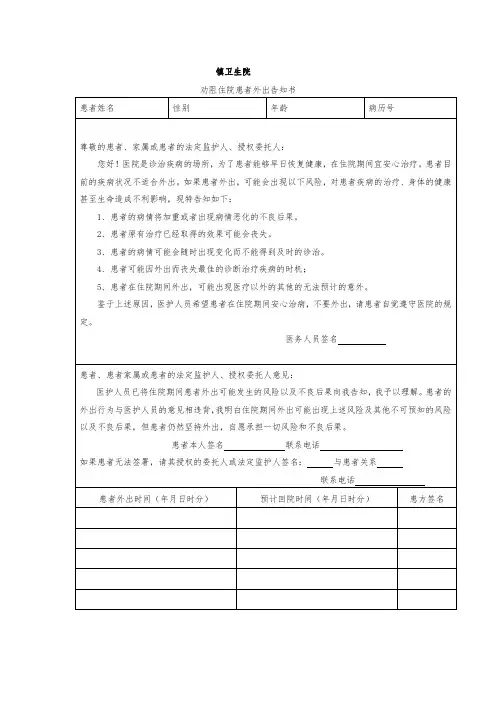 劝阻住院患者外出知情同意书