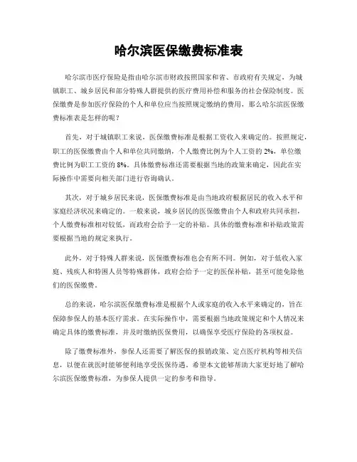 哈尔滨医保缴费标准表