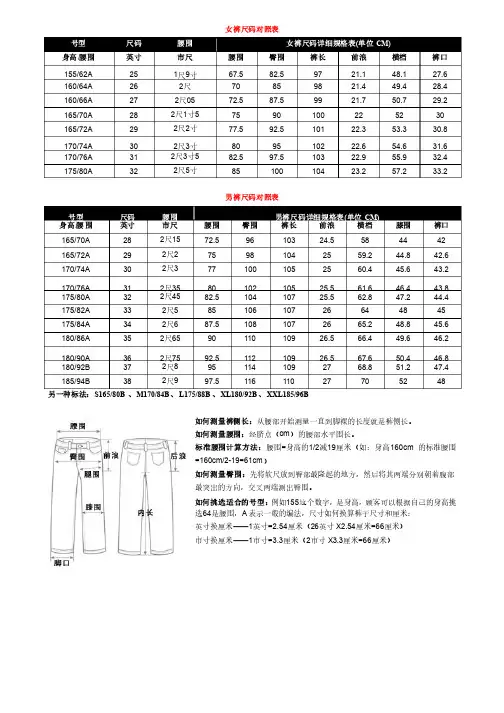 男女裤子尺码对照表